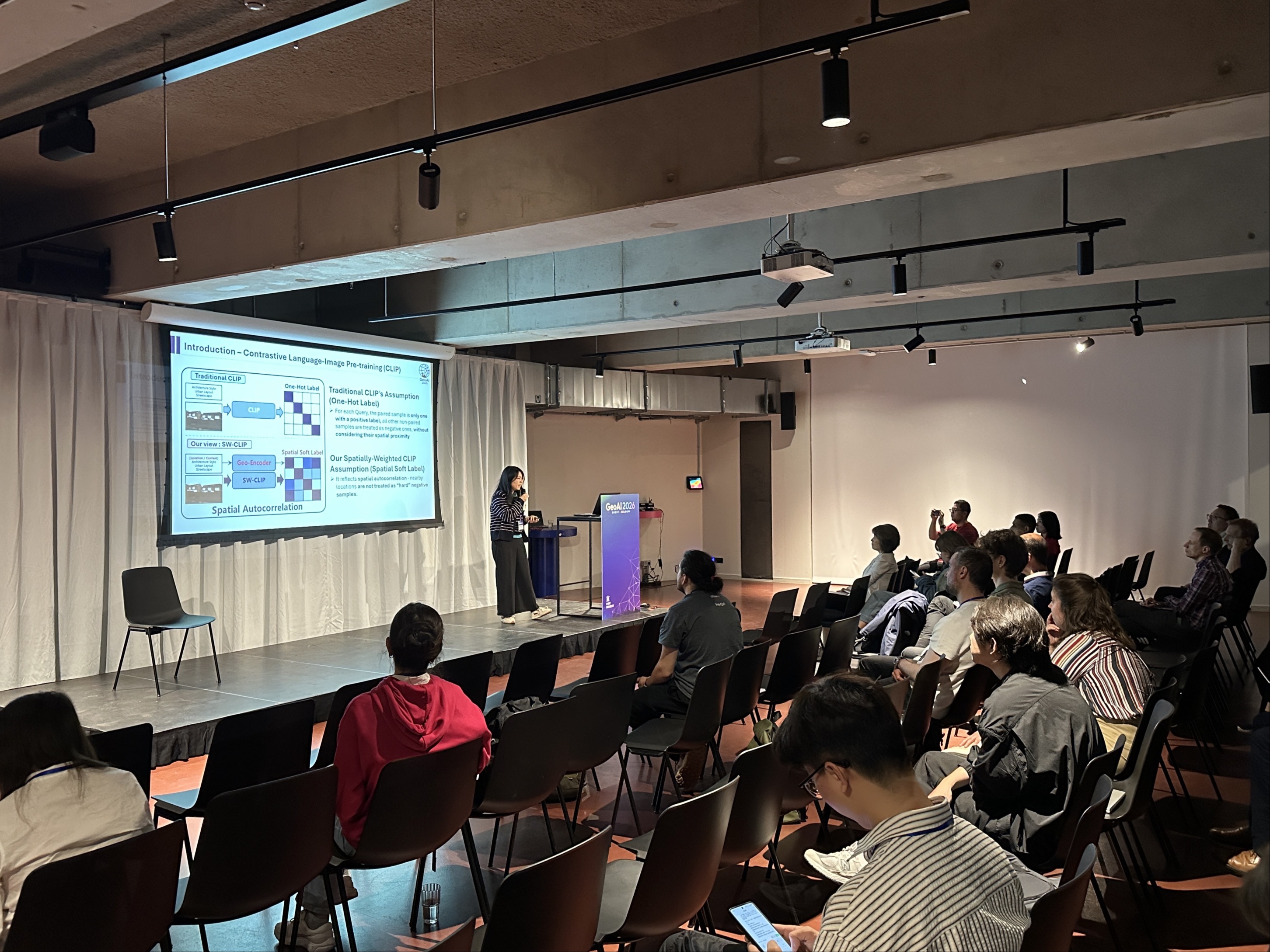 Meiliu presenting spatially weighted CLIP to the GeoAI conference audience