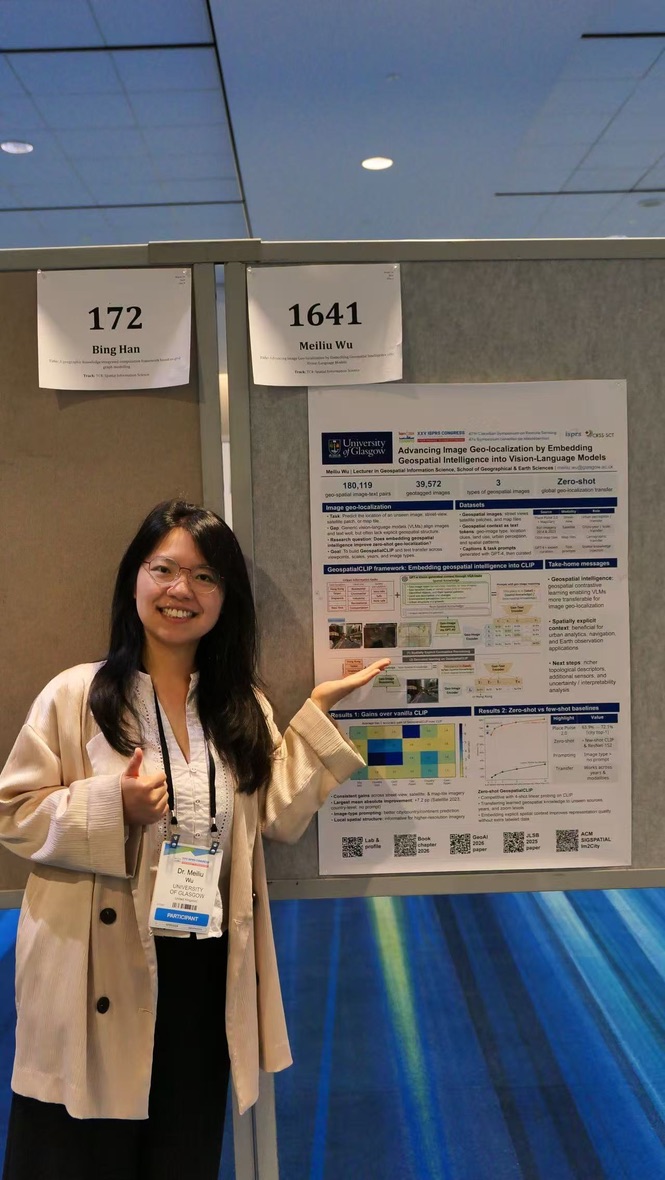 Meiliu beside her poster on image geo-localisation and vision-language models
