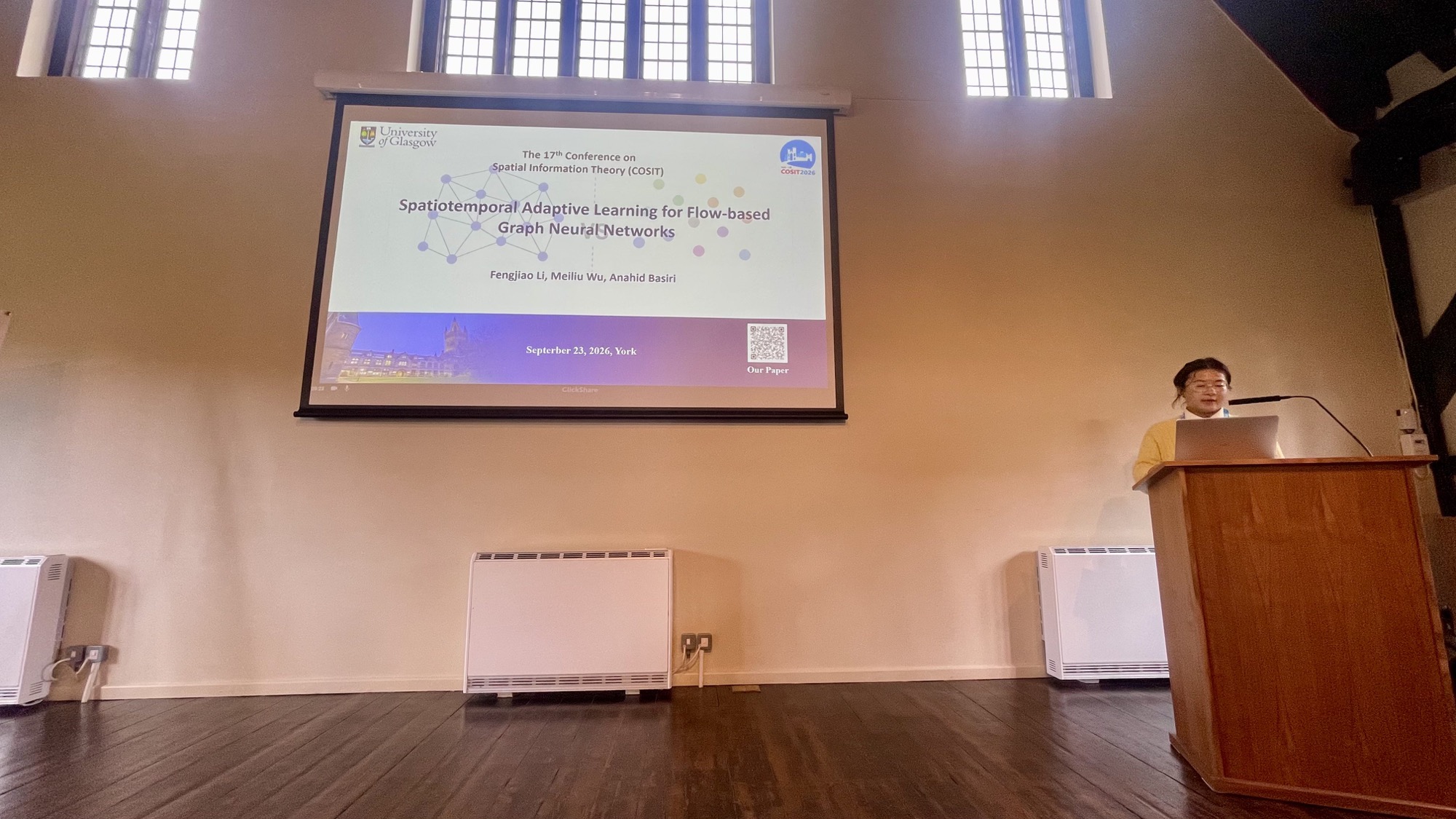 Fengjiao presenting our paper on spatiotemporal adaptive learning for flow-based graph neural networks
